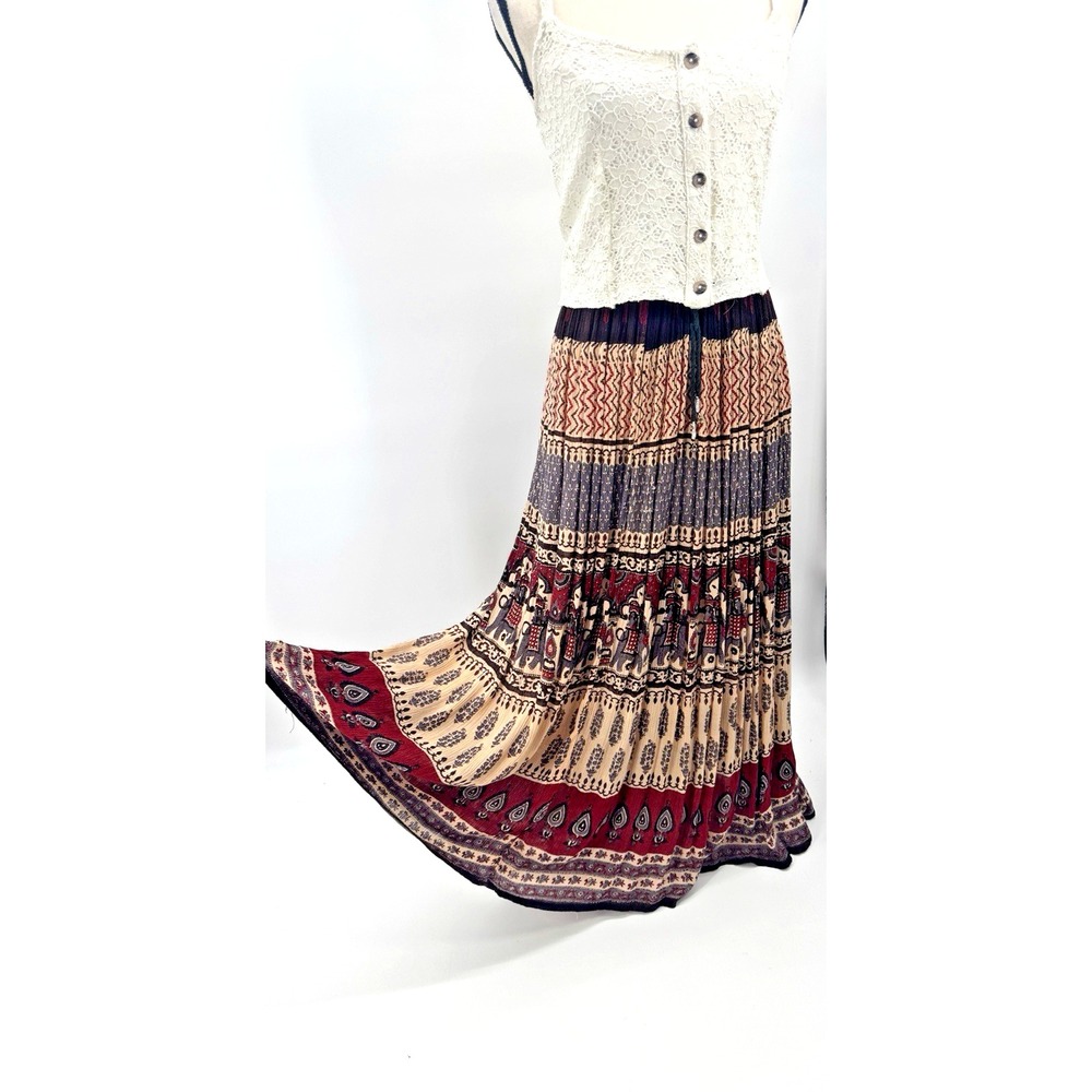 VTG 90s Y2K Boho Drawstring Full Skirt L/XL Indian Block Print Hippie Earth Tone